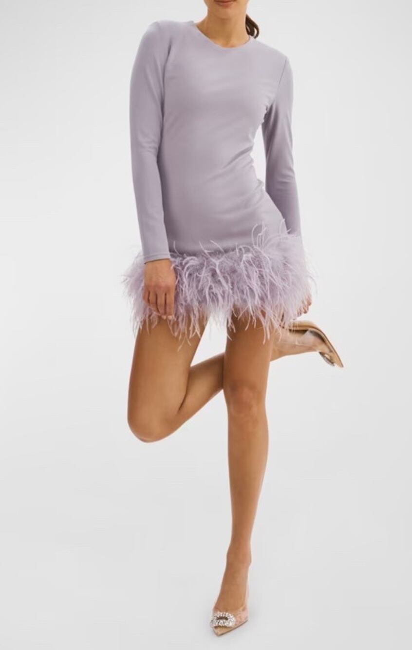 LaMarque Bahira Feather Trim Mini Dress Lavender Long Sleeve Size Large
